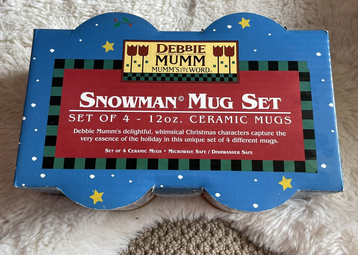 Debbie MUMM Vintage Set of 4 Ceramic 12oz Coffee Mugs Snowman Motif New