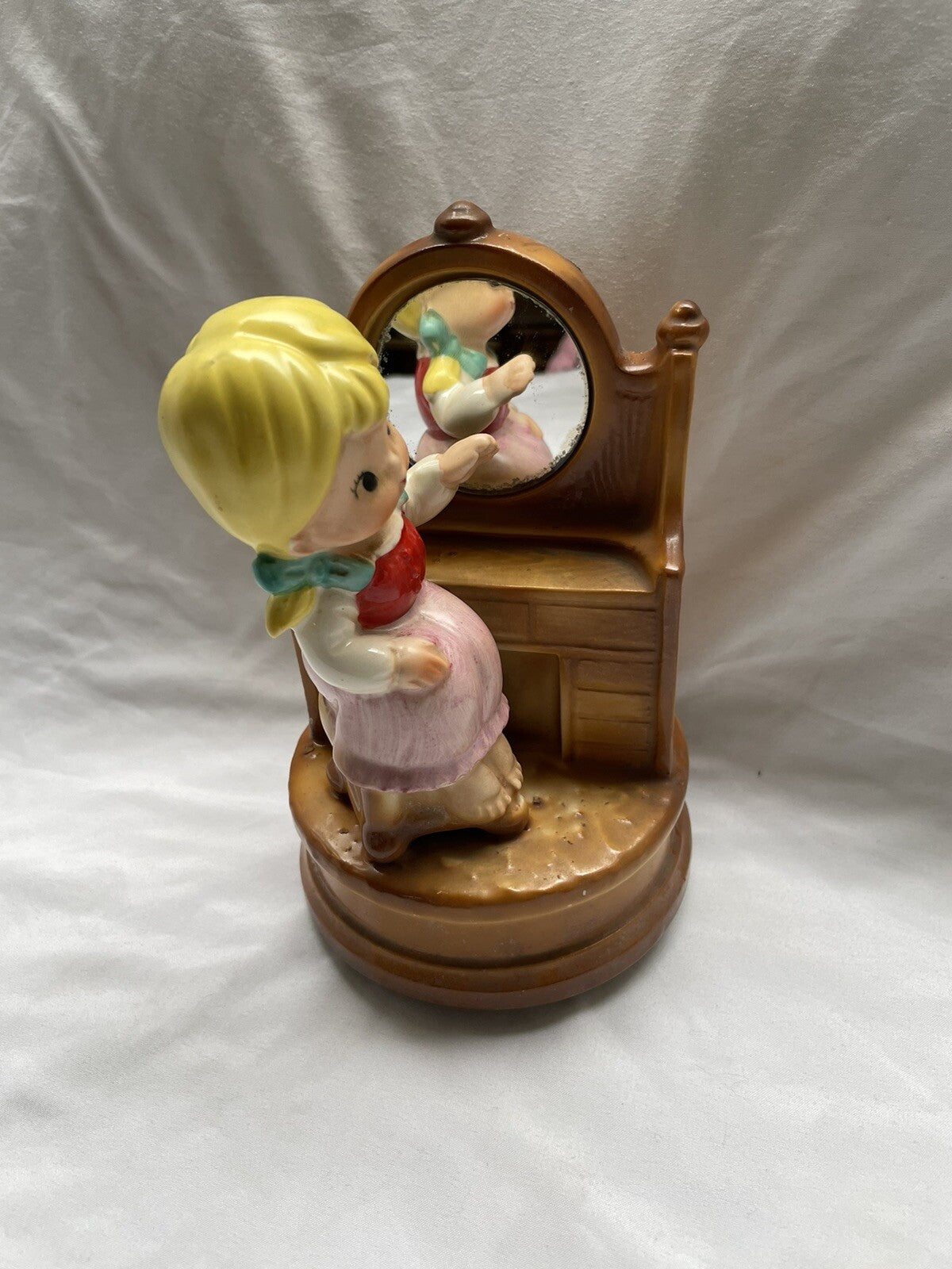 Vintage Japan Ceramic Music Box - Girl at Vanity Mirror Figurine, Works