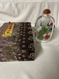 Chinese Reverse Inside Painted Peacocks Glass Snuff Bottle Signed with box