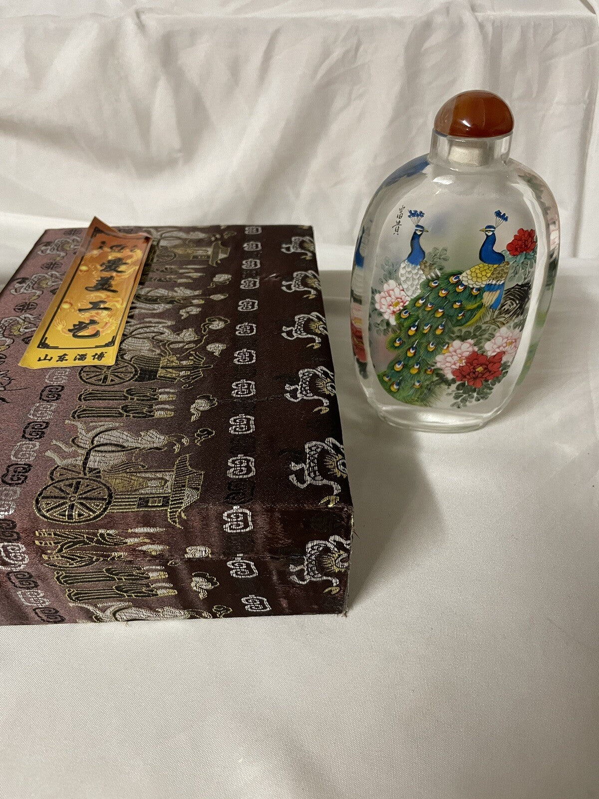 Chinese Reverse Inside Painted Peacocks Glass Snuff Bottle Signed with box