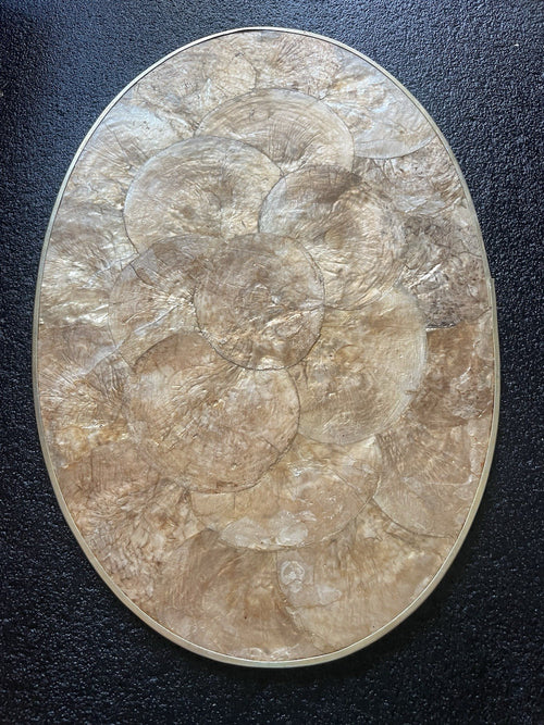 1 Vintage Capiz Shell Oval Placemat Brown Tone Gold Trim Cork Back 17.5”