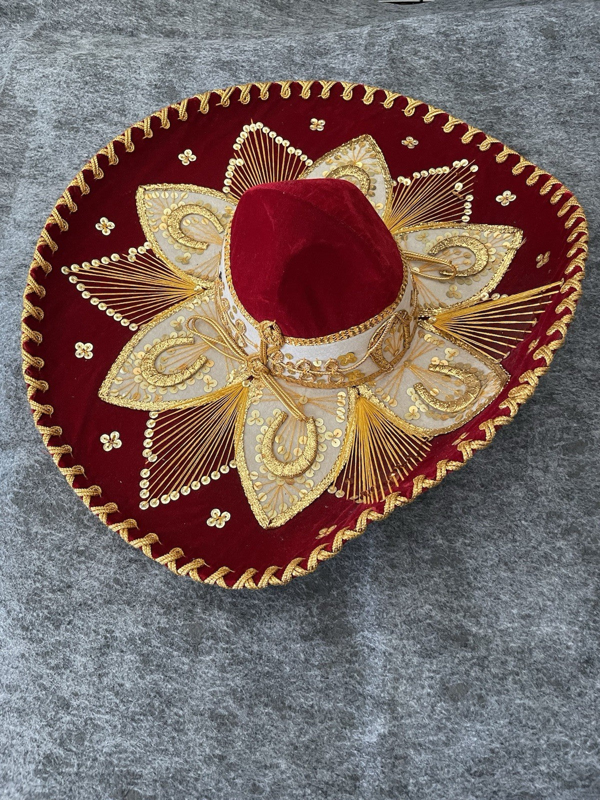 Pigalle Mexican Charro Sombrero Hat Red Velvet Gold Embroidery 22” Hecho en Mexi