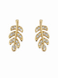 Gold Leaf Stud Earrings Crystal Rhinestone Dainty Nature Botanical J
