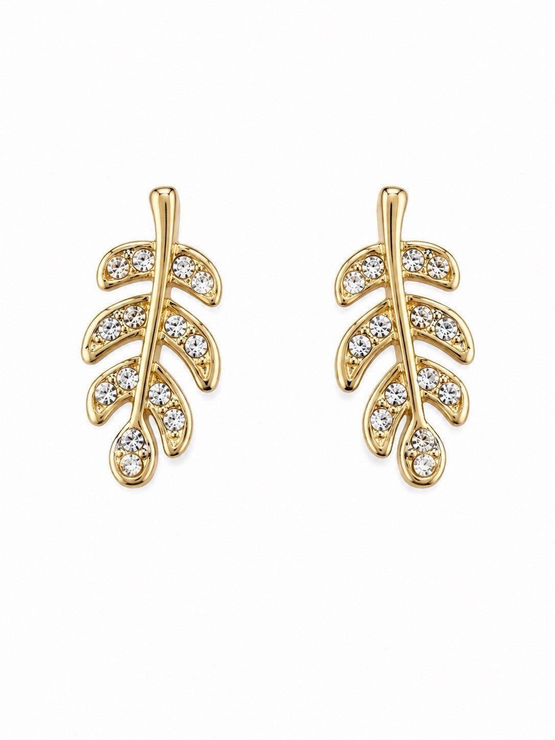 Gold Leaf Stud Earrings Crystal Rhinestone Dainty Nature Botanical J