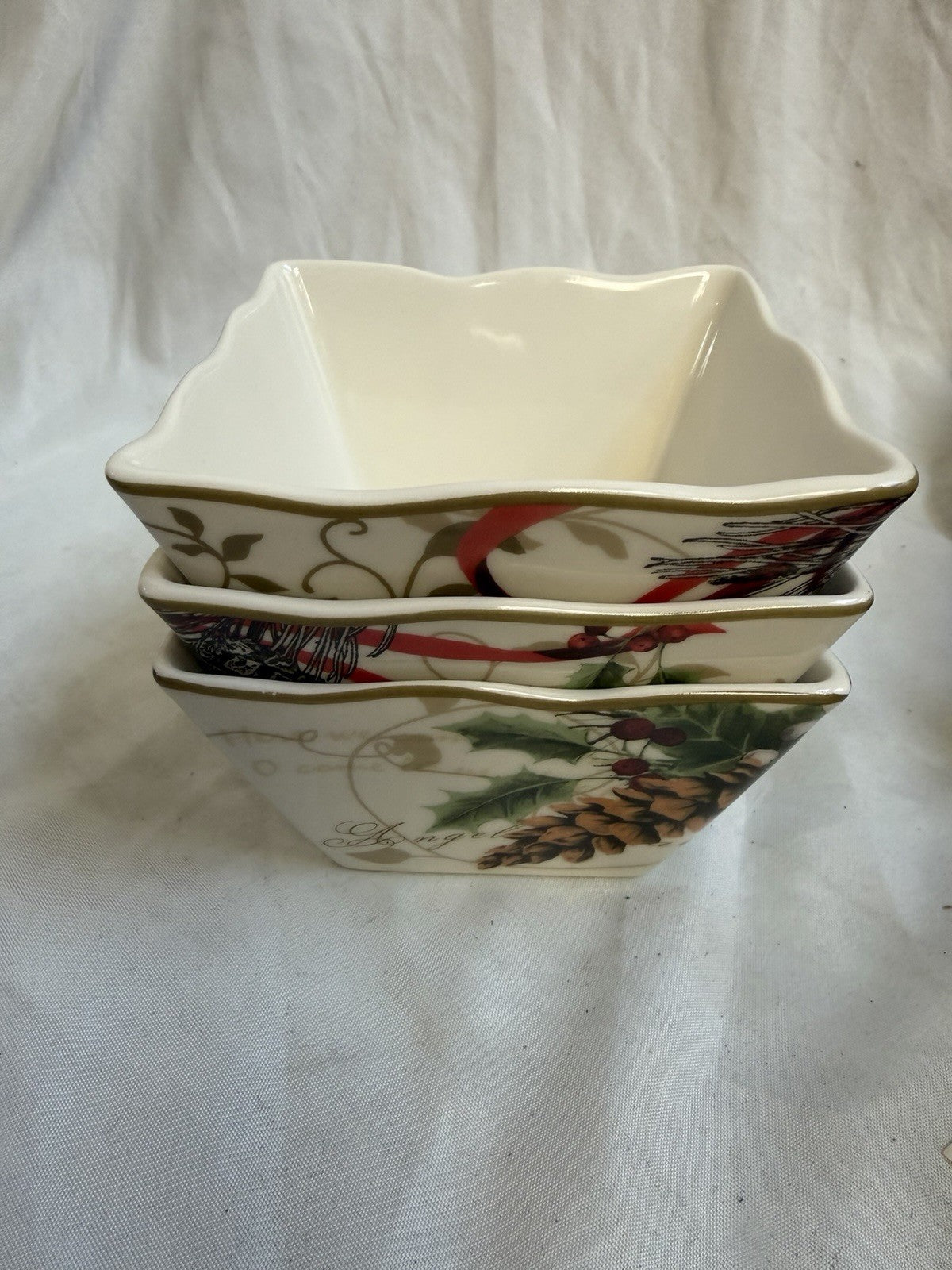Set of 3 - 222 Fifth PTS International 'Holiday Wishes' Square Bowls 4.5”