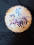 Vintage Shihui Leather Round Zipper Pouch Horse Art Asian Design 8” Case