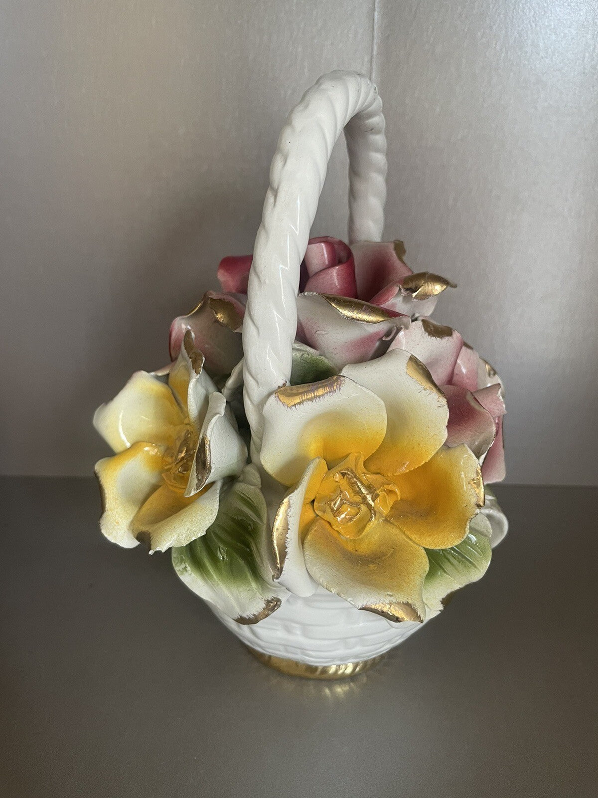Vintage Capodimonte Porcelain Rose Basket Made In Italy - 7 Flowers