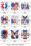 9pk Patriotic USA DTF 8.66" Ready Press 4th of July Heart Bow Heat Transfer