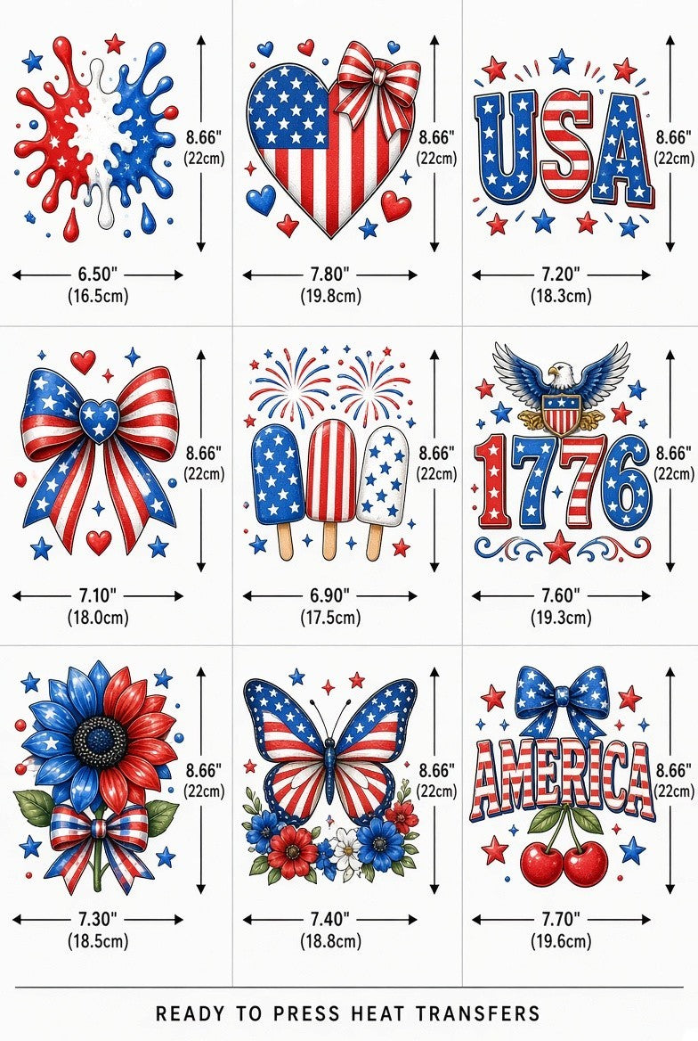 9pk Patriotic USA DTF 8.66" Ready Press 4th of July Heart Bow Heat Transfer
