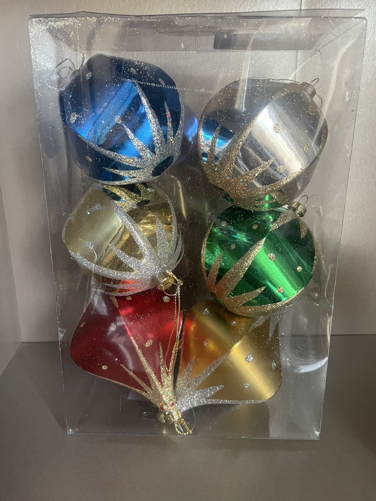 Set of 6 Large Multicolor Glitter Drop Christmas Ornaments – Red, Gold, Green