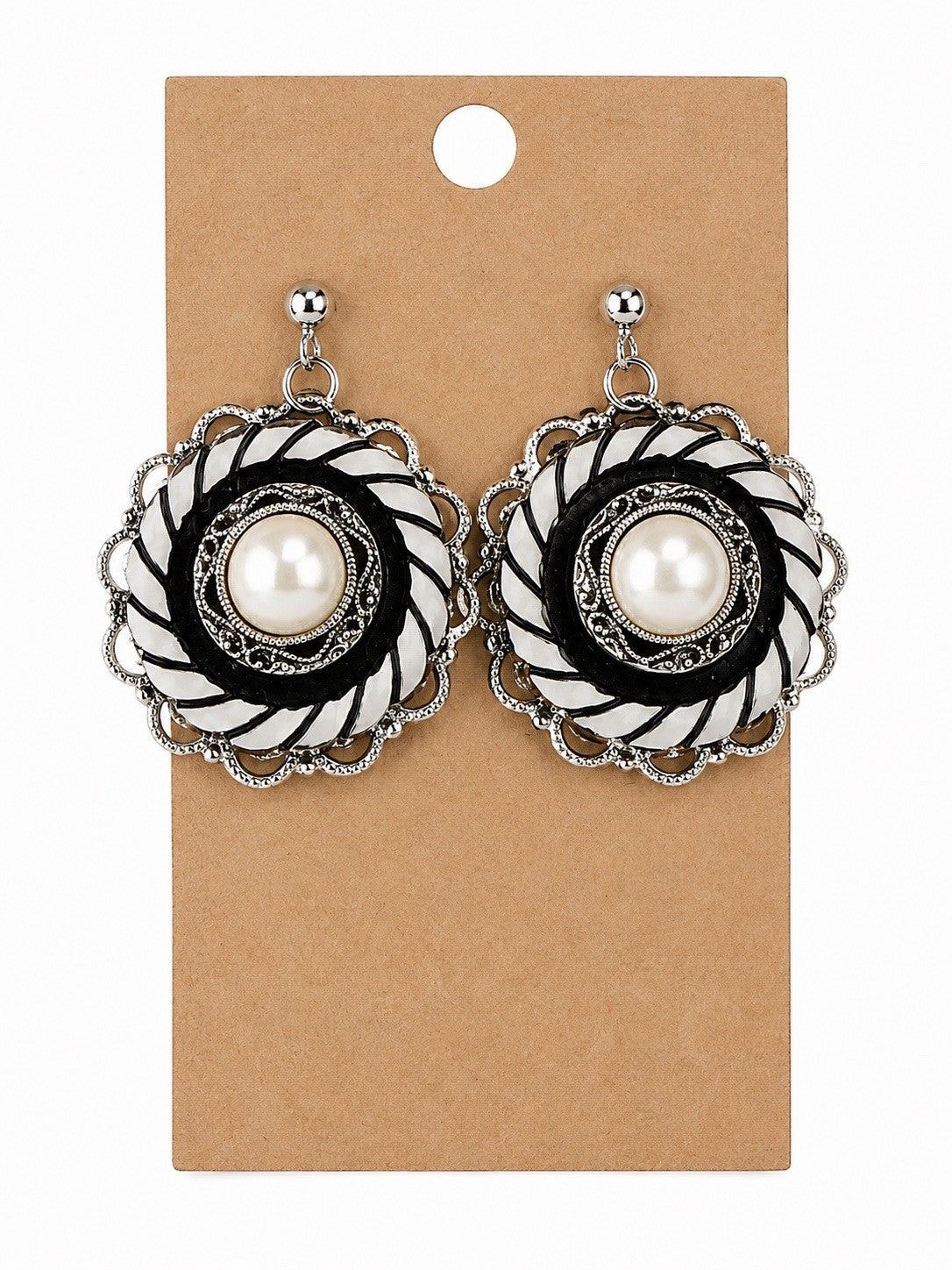 Vintage Silver Tone Black White Enamel Faux Pearl Dangle Drop Earrings Boho