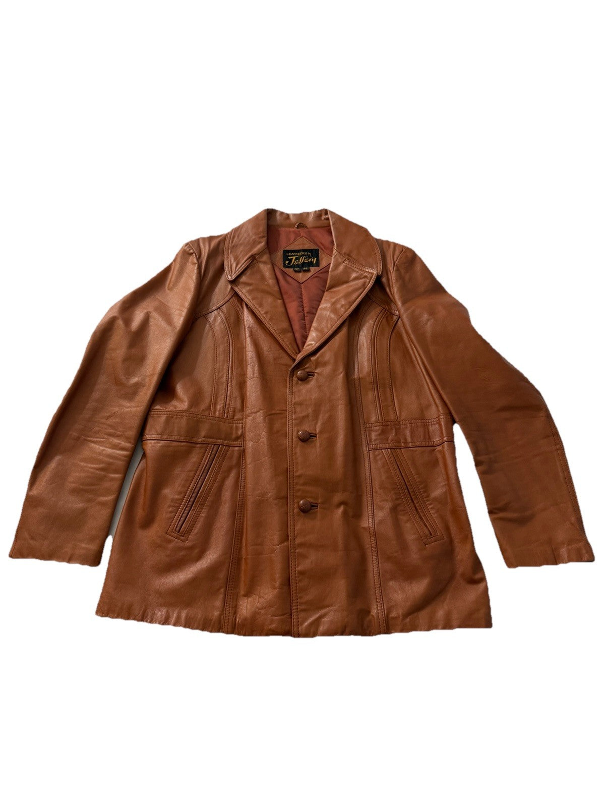 Leathers by Jeffery Jacket Mens Size 44 Brown Leather Coat Notch Lapel 70s