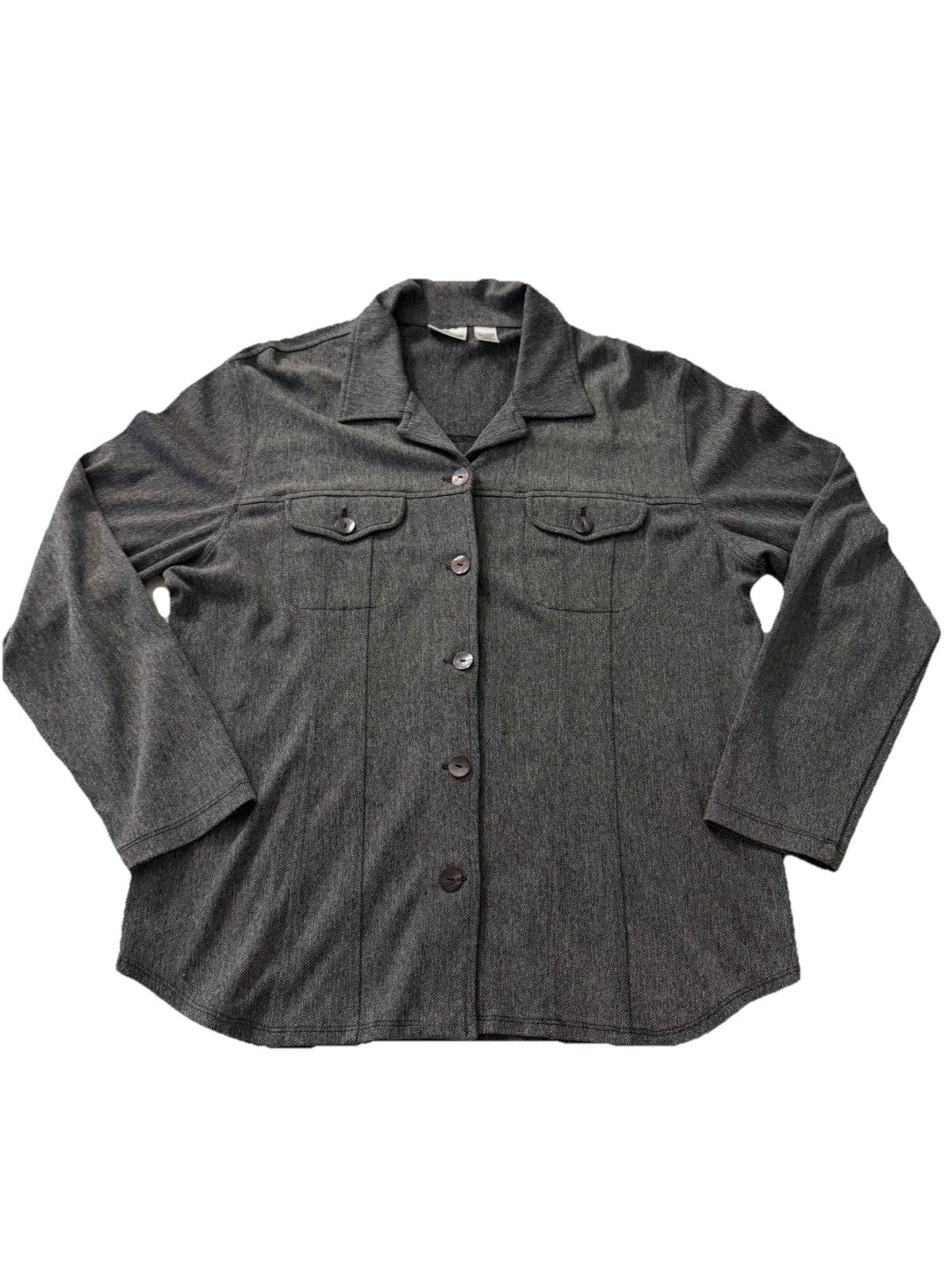 Chico’s Size 2 Gray Herringbone Button Front Jacket Shirt Women’s L