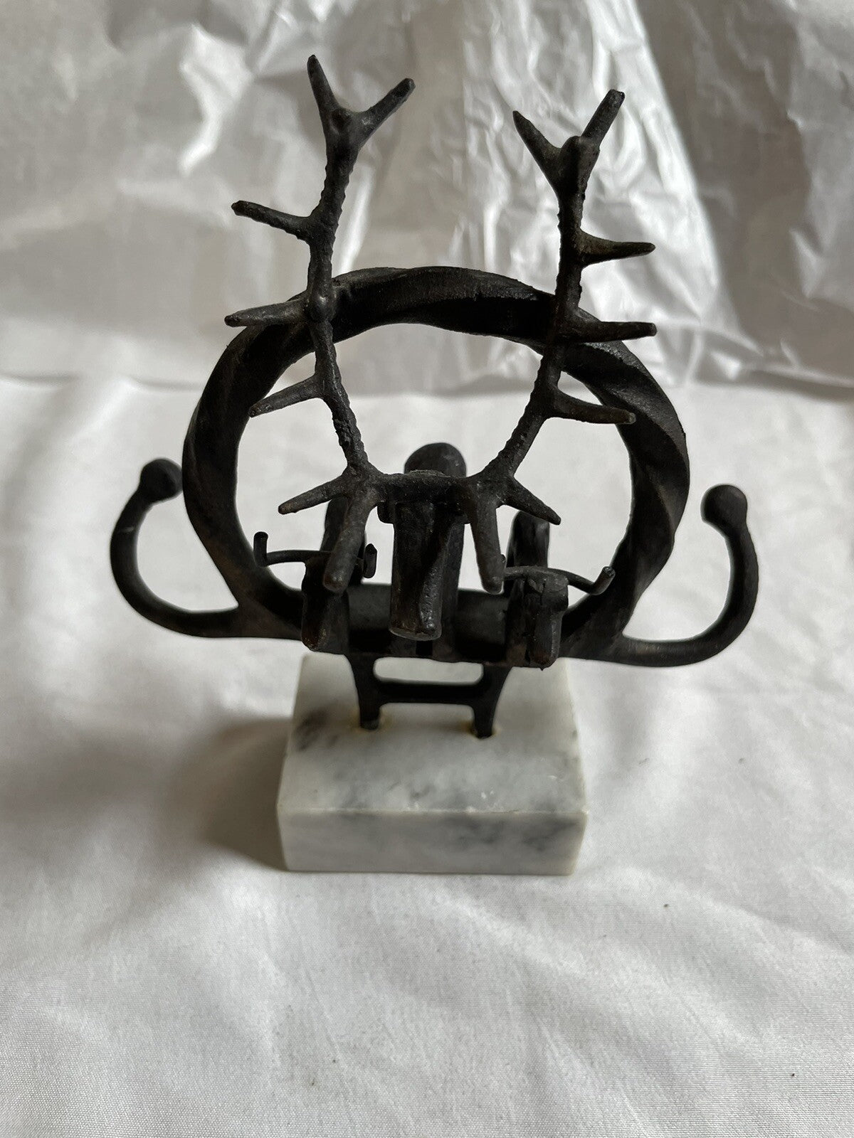 Unique Vintage Cast Iron Antler Sculpture with Marble Base - 6” Tall Collectible