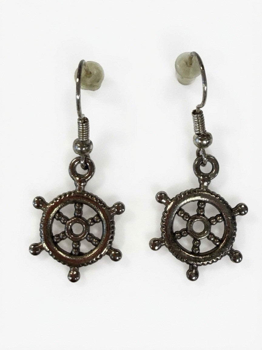 Silver Tone Ship Wheel Dangle Earrings Nautical Sailor Ocean Beach Preloved Pair