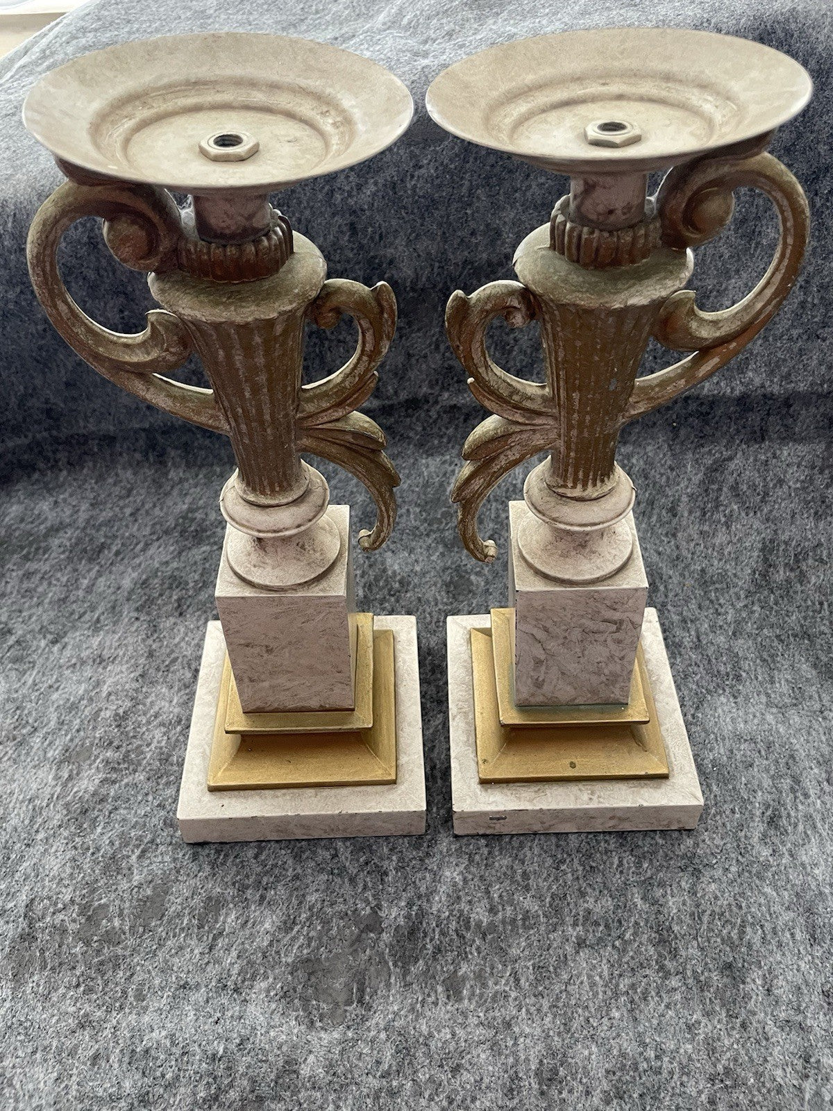 Pair of Jaru 15” Ornate Candlestick Holders Faux Stone Resin Pedestal Vintage