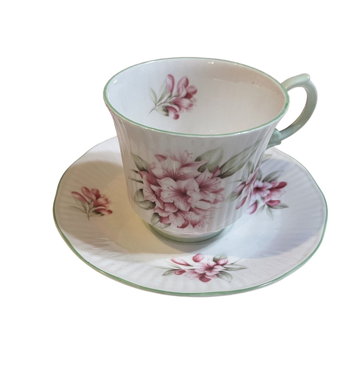Vtg Rosina Queens Tea Cup Saucer Fine Bone China Pink Flowers Green Edges Ribbed