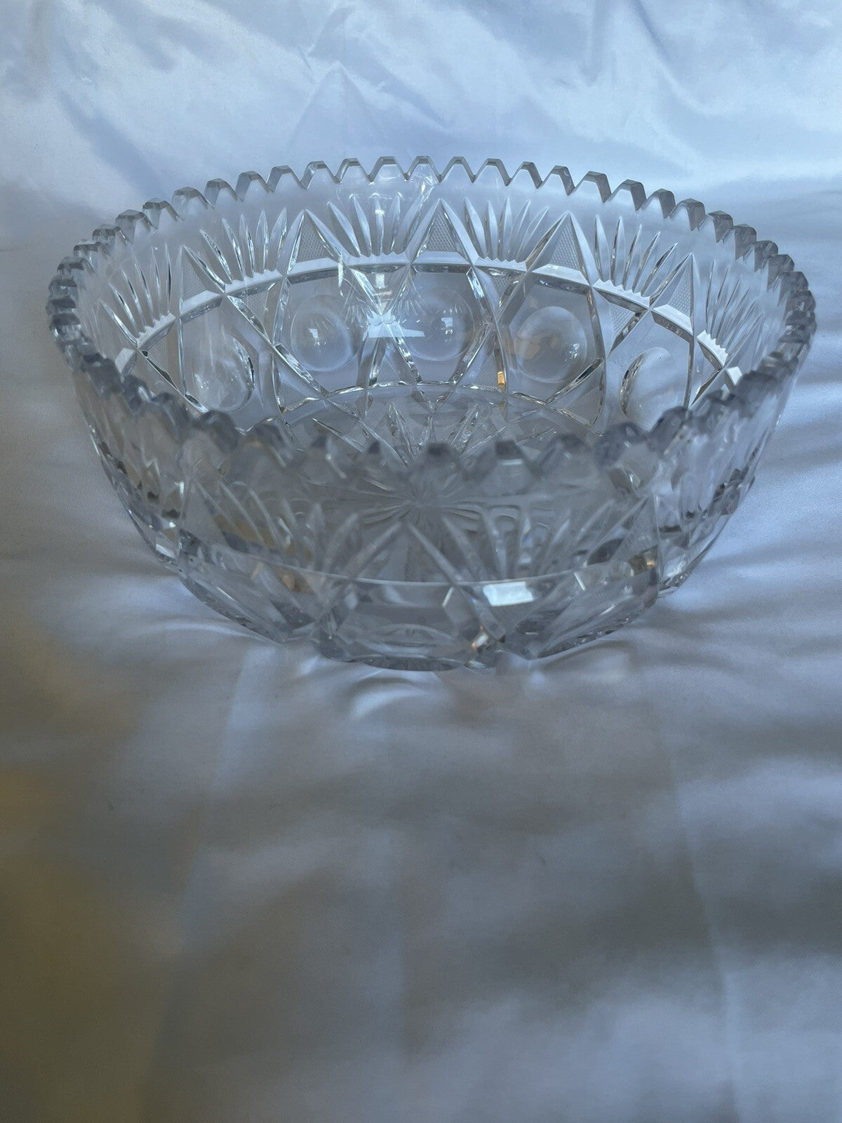 Vintage Cut Glass Crystal Serving Bowl with Geometric Starburst Design