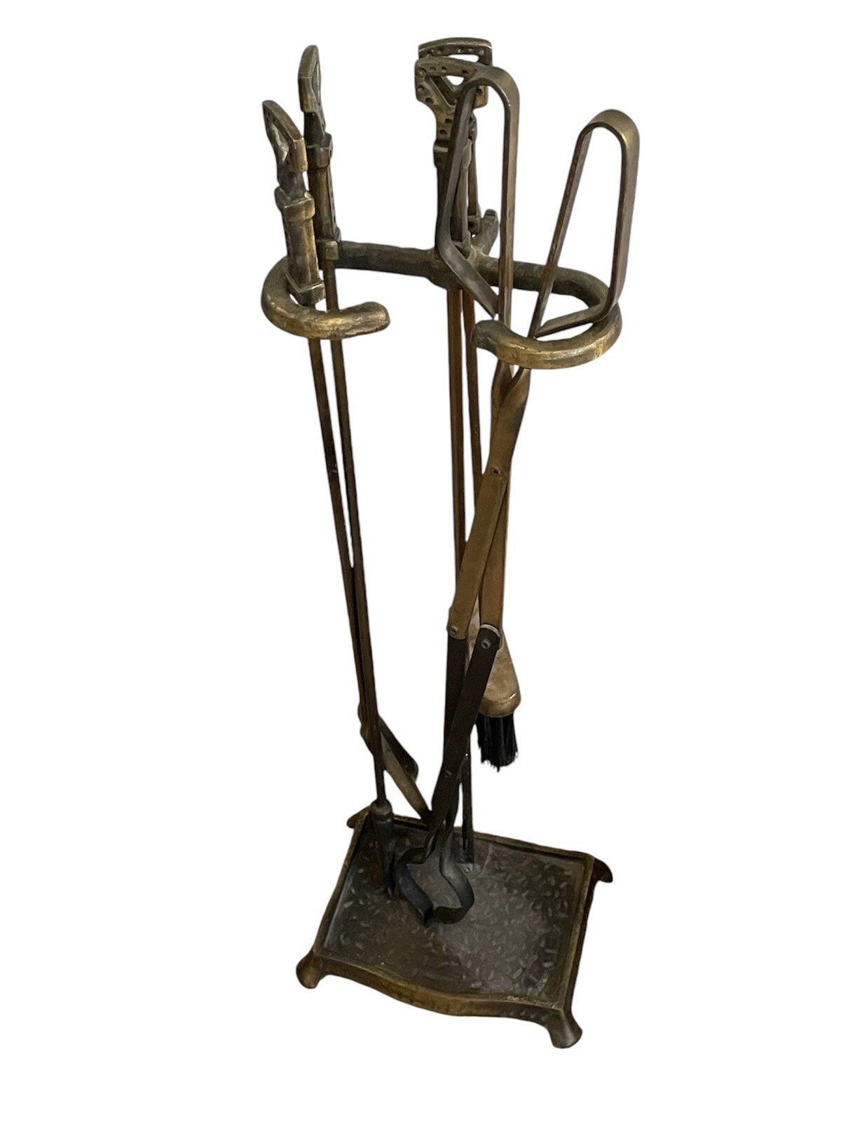 Vintage 5-Piece Heavy Solid Brass Fireplace Tool Set with Shovel, Poker, Tongs