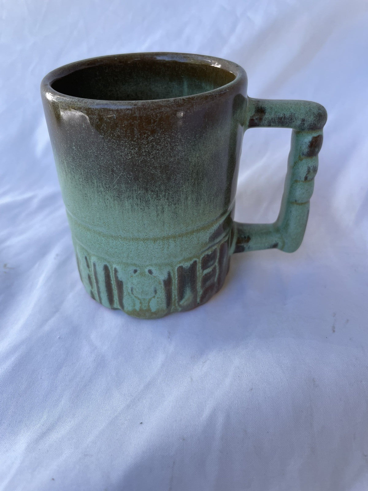 Frankoma C4 Mug Prairie Green Totem Pattern Vintage Pottery Cup 4” Tall USA