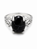 Size 6 Silver Tone Black Oval Stone Filigree Statement Ring for Women