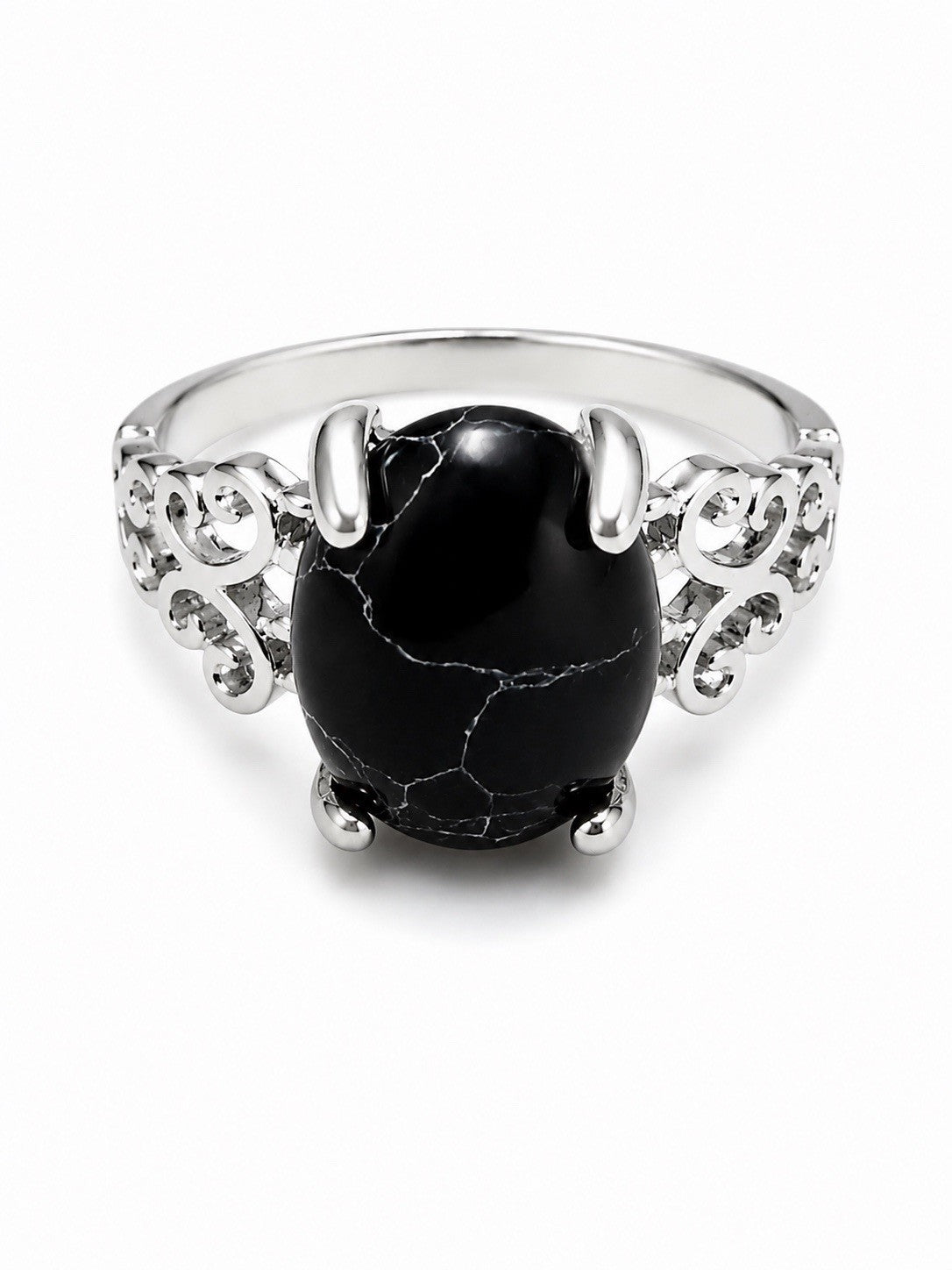 Size 6 Silver Tone Black Oval Stone Filigree Statement Ring for Women