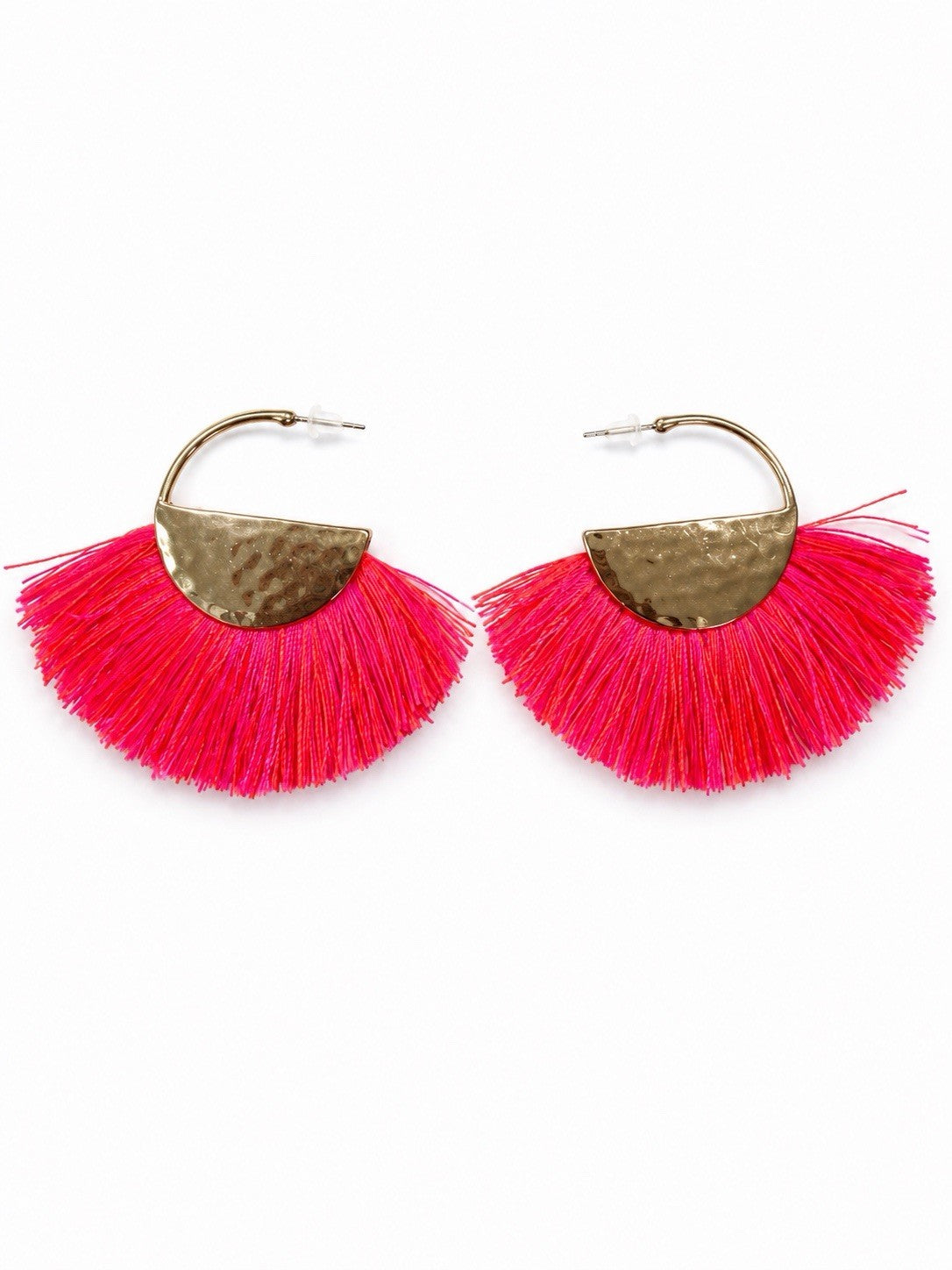 Red Tassel Hoop Earrings Gold Tone Statement Boho Fringe Dangle Earring