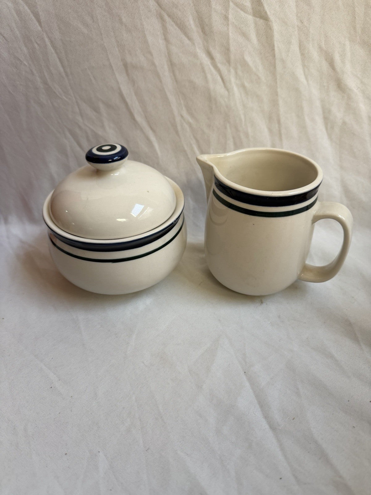 Kitchen Basics by Tienshan Creamer & Sugar Bowl Set Blue Stripe Stoneware China