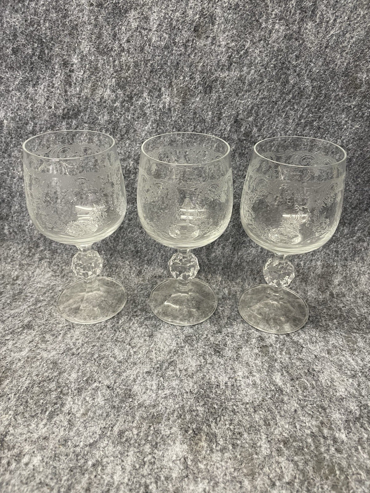 Etched Crystal Water Goblets Set of 3 Bohemia Cascade Pattern Faceted Stem