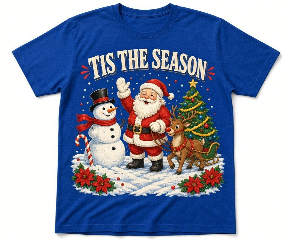 Tis the Season Santa Snowman Royal Blue Retro Christmas T-Shirt