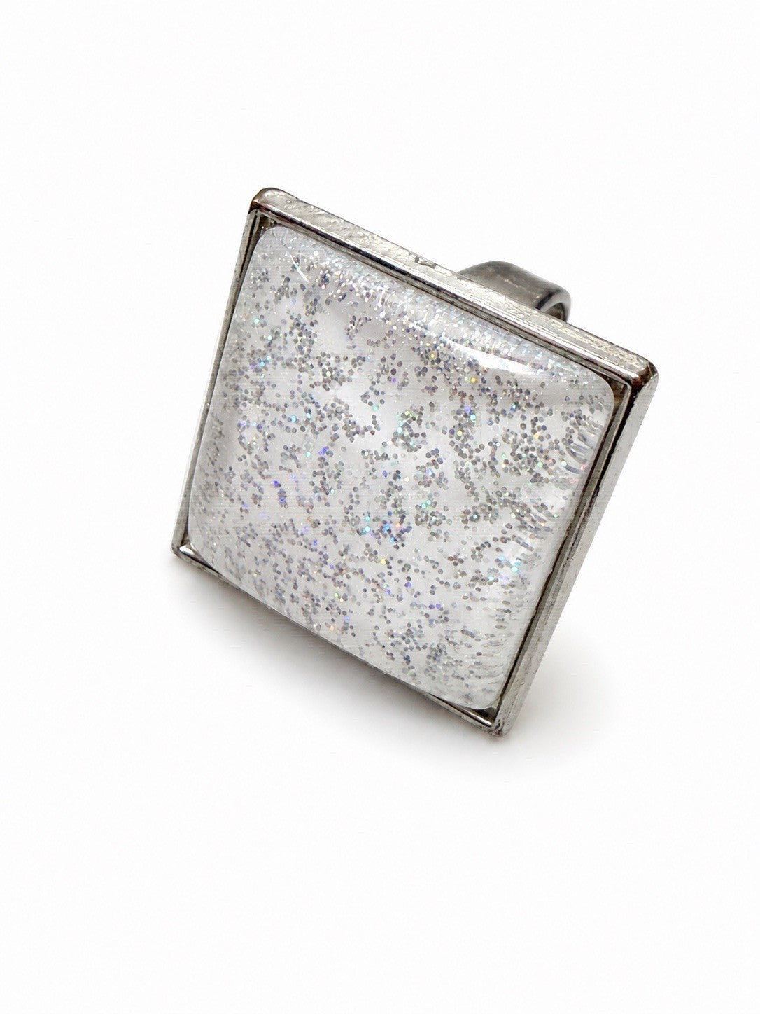 Silver Glitter Square Statement Ring Size 8 Sparkly Resin Fashion Jewelry