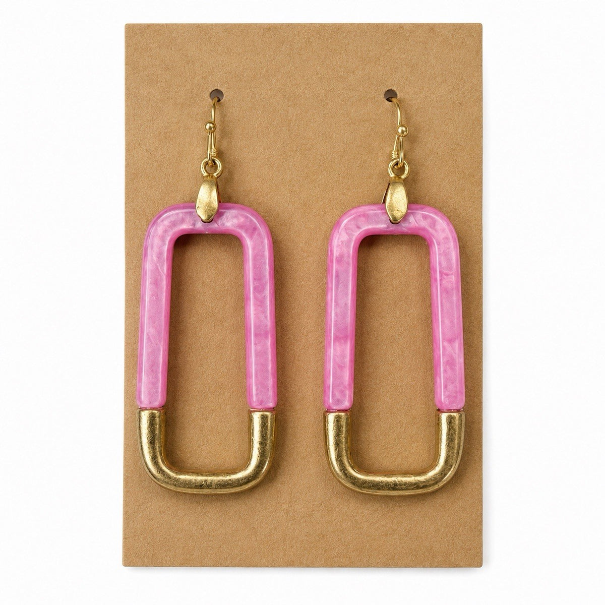 Pink Marbled Geometric Rectangle Dangle Earrings Gold Tone Accent Lightweight