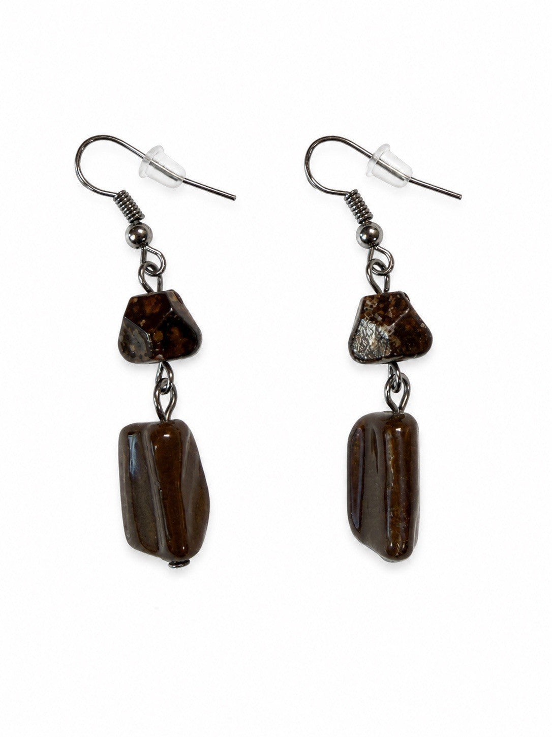 Vintage Brown Glass Bead Dangle Earrings Gunmetal Tone Handmade Artisan