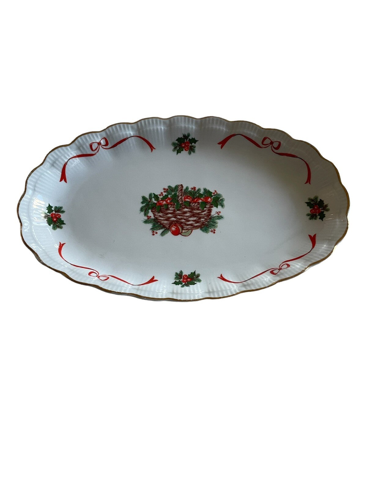 Walbrzych Holiday Ribbon Oval Platter Plate Ribbed Christmas 13.25x8 Poland