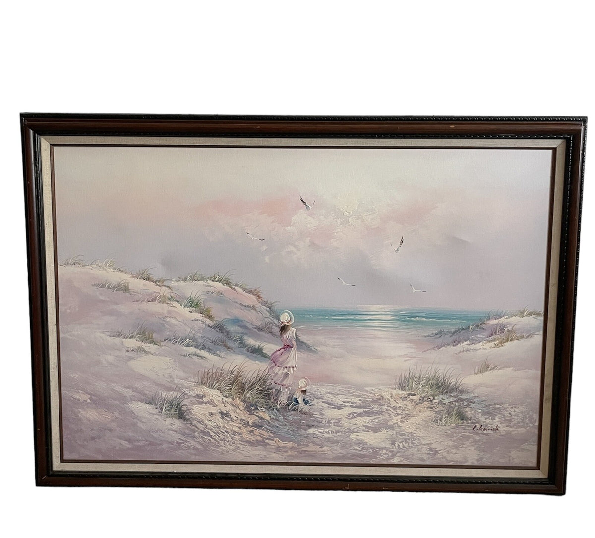 Vintage Signed Laura Keswick Oil on Board Painting-Girl at the Beach Framed 40”