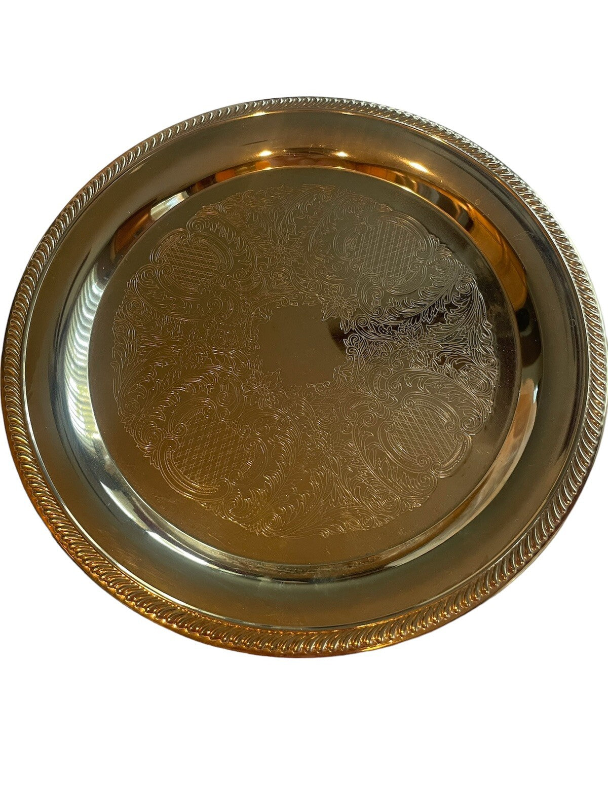 Asian Etched Goldplated Round Service Tray with Royal Floral Design 12 1/4”