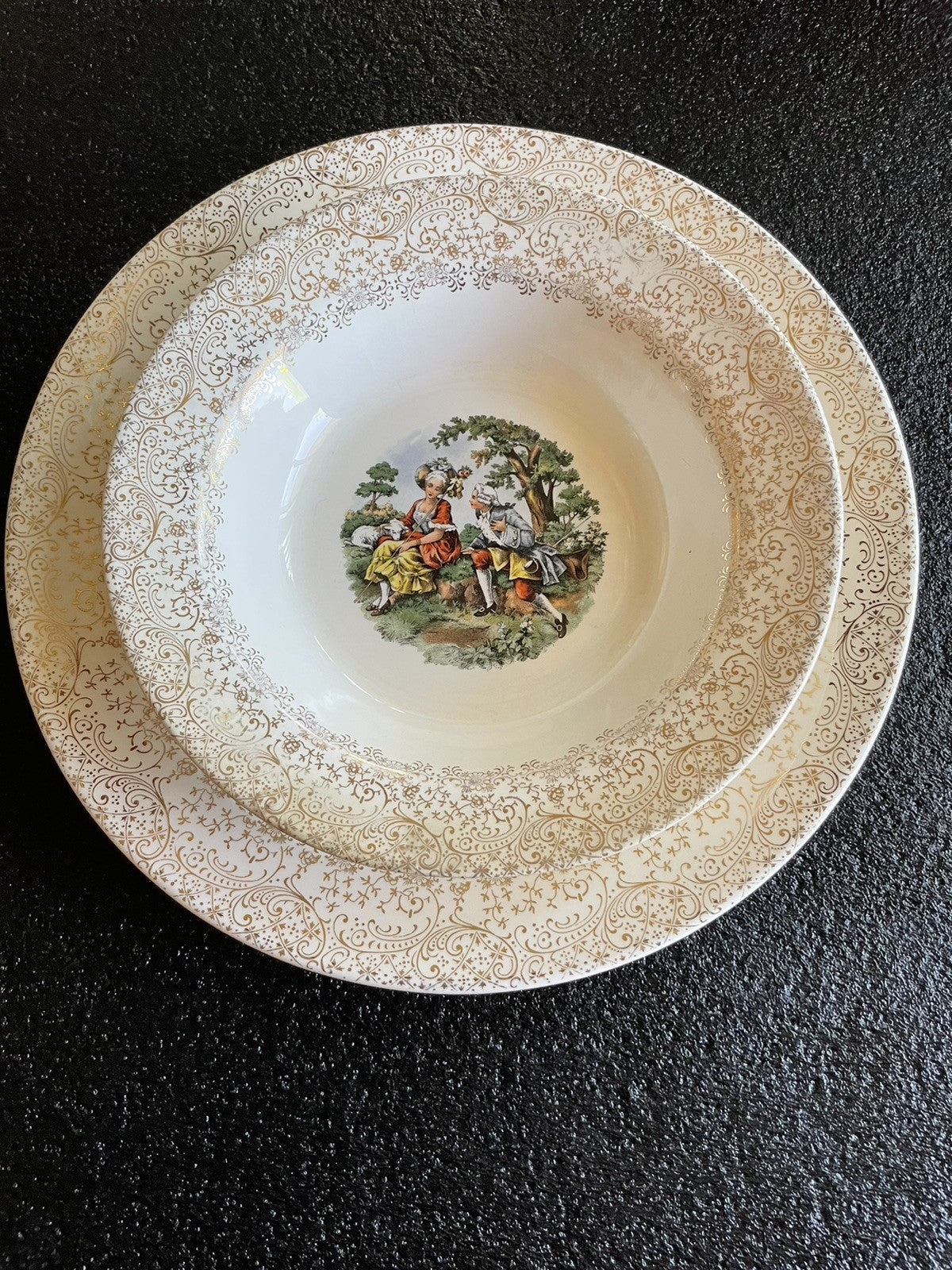 Vintage Royal China Colonial Gold 22K Gold Rimmed Soup Bowl & Platter Plate