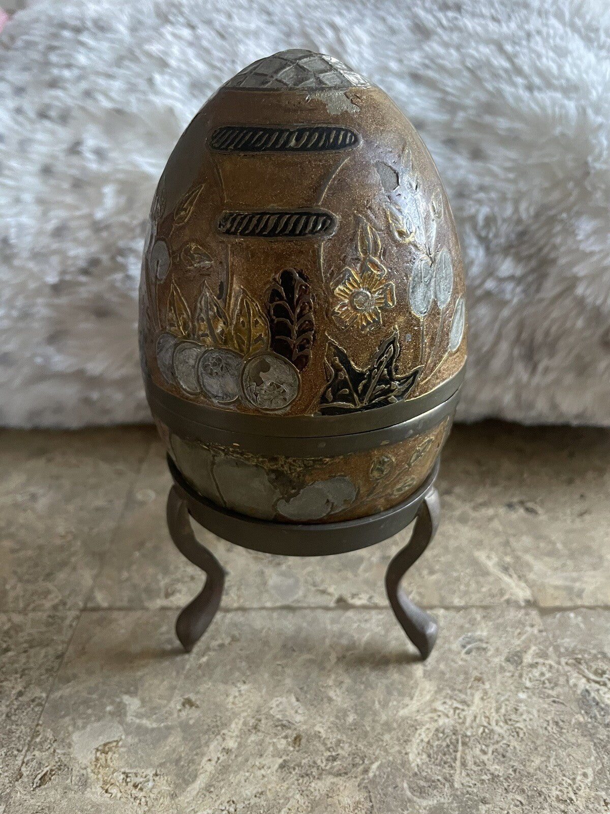 Vintage Enameled Cloisonne Solid Brass Egg On Stand Trinket Box Made in India