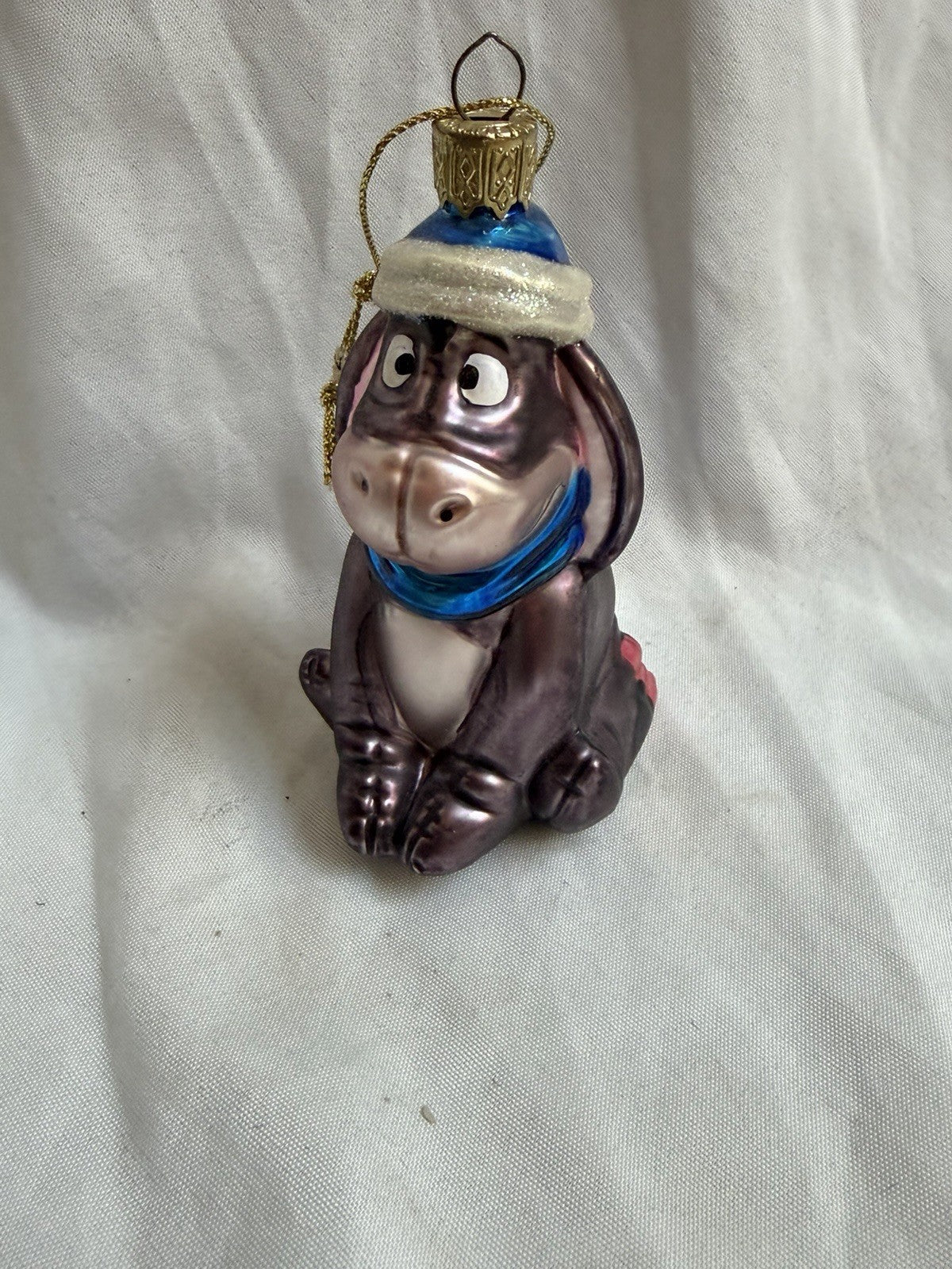 Disney Eeyore Christmas Ornament Glass Blue Hat & Scarf 4” Hand Painted