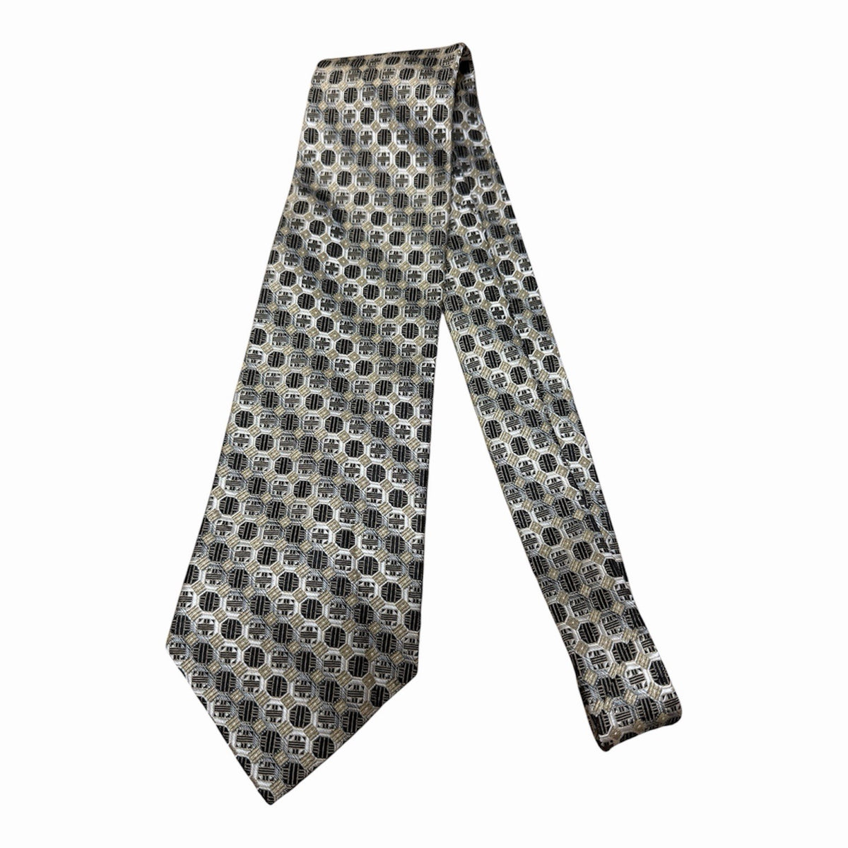 Burma Bibas Geometric Silk Tie - Black Gold Silver Octagon Pattern Necktie